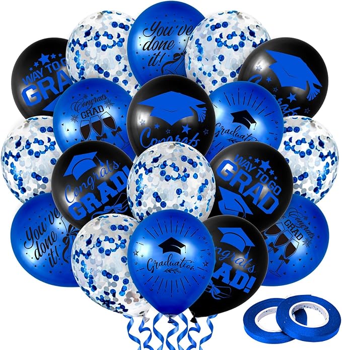 Whaline 60Pcs Graduation Party Balloon Set 7 Designs Confetti Latex Balloon with 2 Rolls Ribbon Grad Cap Congrats Grad Balloon for Graduation Party Decoration Supplies (Blue, Black)