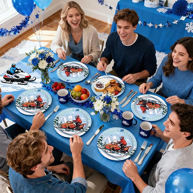 50Pcs Skiing Snowmobile Paper Plates 9 Inch Heavy Duty Disposable Winter Ski Snowmobile Birthday Party Dessert Plates Snow Skiing Wonderland Decoration for Girls Boys Skier Holiday Party Supplies