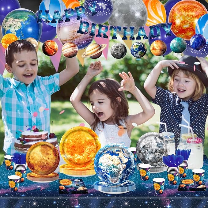 182pcs Outer Space Birthday Party Supplies Space Party Plates Napkins Disposable Cups Tableware Set Tablecloth Banner and Balloons Boys Space Solar System Birthday Party Decorations 24 Serve