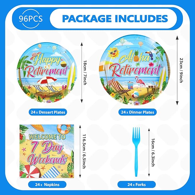 Grencian 96Pcs Tropical Retirement Party Decorations Hawaiian Aloha Retirement Plates and Napkins Disposable Hawaiian Luau Paper Tableware Set for Summer Beach Theme Party Supplies, Serves 24