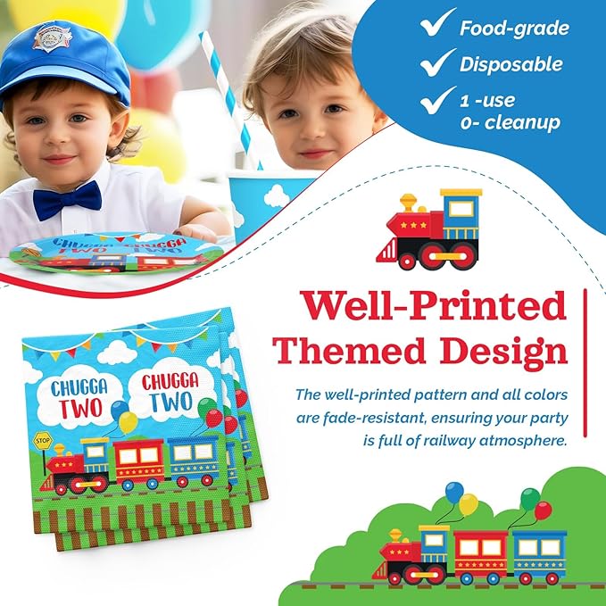 Chugga Chugga Two Two Birthday Party Decorations, 120Pcs Train Themed Party Supplies Transportation Disposable Tableware Includes Paper Plates, Napkins, Cups and Straws | Serves 24