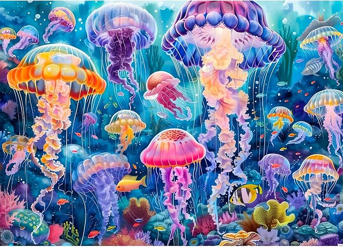 Colorful Jellyfish 500 Piece Puzzle for Adults Beautiful Underwater Vibrant Ocean Coral Fish Landscape Jigsaw Puzzle with Letters on Back Nature Fun Family Seniors Puzzle