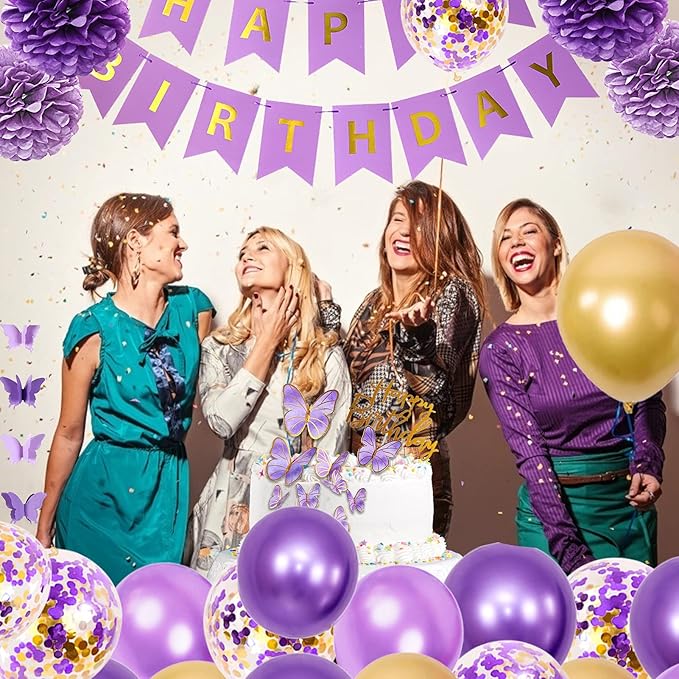 Ouddy Party Purple Birthday Decorations for Women Girls Butterfly Hanging Garland Happy Birthday and Circle Dots Banner Purple Gold Balloons Paper Flowers Cake Toppers for Party Decor Supplies