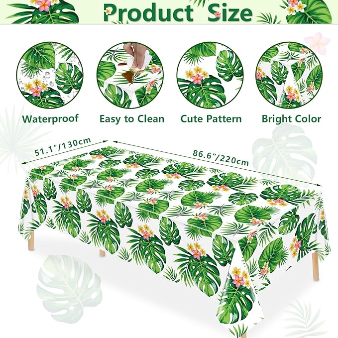 4 Pack Hawaiian Luau Tablecloths Tropical Palm Leaves Table Cloth Hawaiian Luau Table Cover Palm Leaves Table Cloth Baby Birthday Birthday Party Summer Pool Tropical Party Decorations 86 x 51 IN