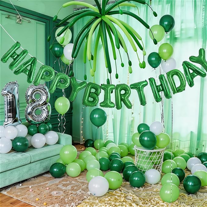 Green Happy Birthday Banner Balloon Aluminum Foil 16in Letter, 12in Latex Balloons, 11.8in Long Balloons, 16in Love Heart Aluminum Foil Balloon, Men, Women, Party Decoration Supplies (Green)