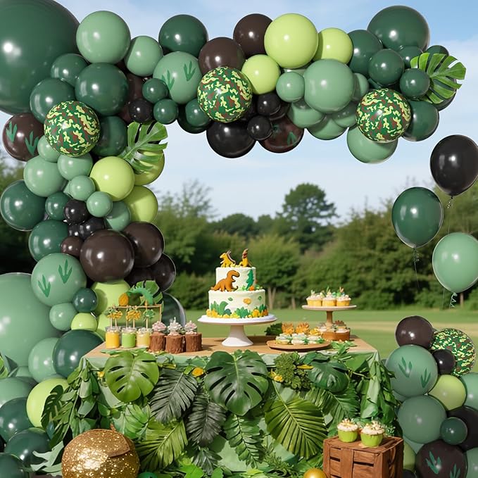 170Pcs Dinosaur Balloons Garland Arch Kit, Hunter Sage Green Brown Black Light Green Paw Printed Balloons for Kids Boys Dinosaur Birthday Jungle Safari Three Rex Dino Party Decorations Supplies