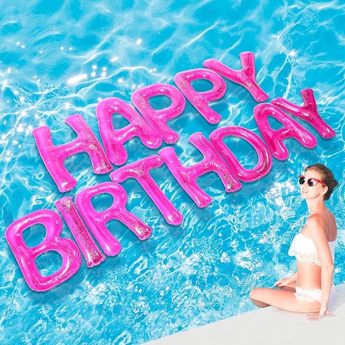 Shappy 20'' Happy Birthday Pool Large Floating Letter Balloons with Adhesive Dots Inflatable Pool Decorations for Summer Birthday Party