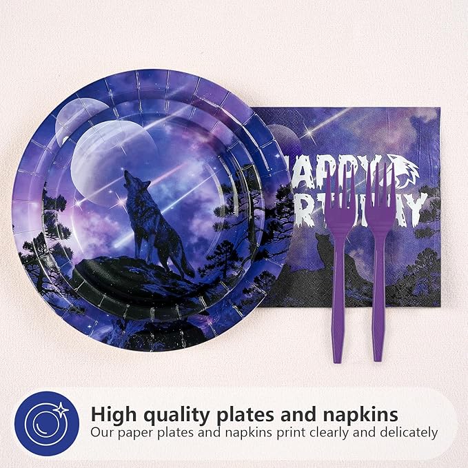 96Pcs Wolf Birthday Party Supplies Galaxy Wolf Plates and Napkins Black Purple Galaxy Disposable Paper Tableware Set for Animal Theme Birthday Outdoor Holiday Party Supplies Serves 24