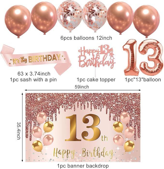 13th Birthday Decorations for Girls, Pink Rose Gold Happy 13 years old Birthday Banner Backdrop Balloons Sash Table Cake Topper Honeycomb Centerpieces Hanging Swirls Paper Fans Party Supplies