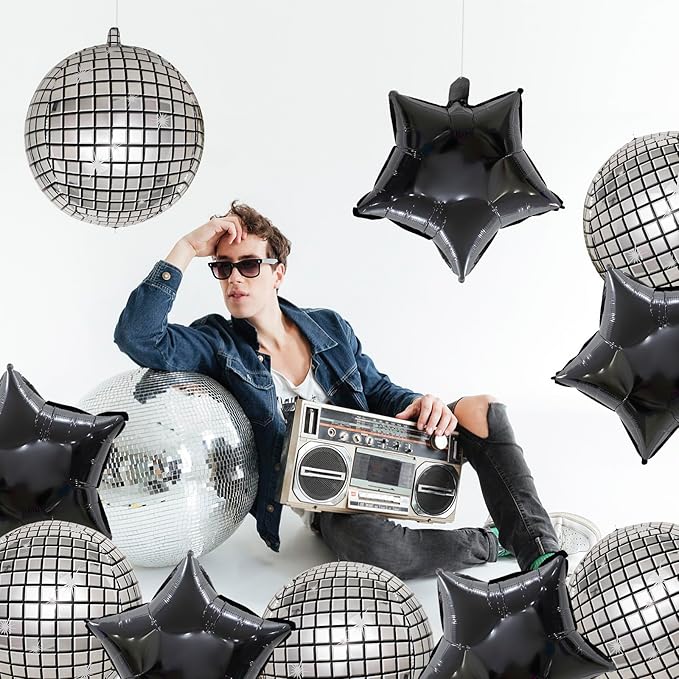 FBQ 10 Pcs Silver Disco 4D Balloons Black Star Balloons 18 Inch for 70s 80s 90s Birthday Disco Party Queen Party Decorations Supplies
