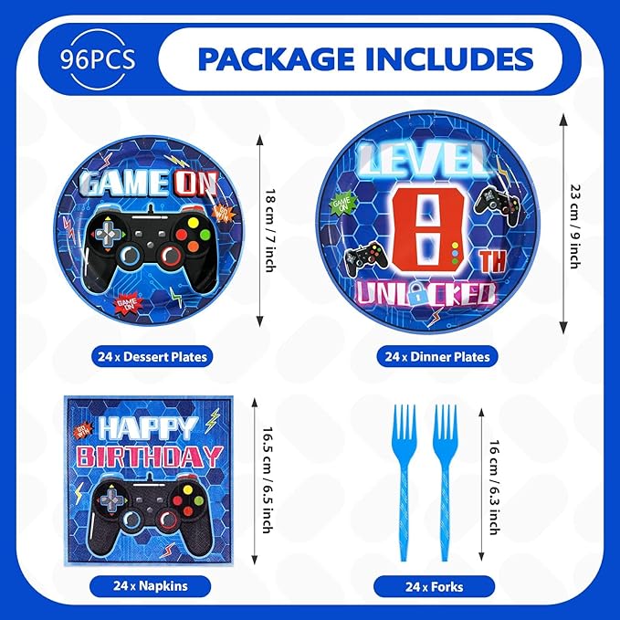 Grencian 96 Pcs 8th Video Game Birthday Party Decorations Blue Video Game Level 8 Birthday Plates and Napkins Tableware Sets for Kids Boys 8 Years Old Gamer Gaming Party Supplies Favors Serves 24