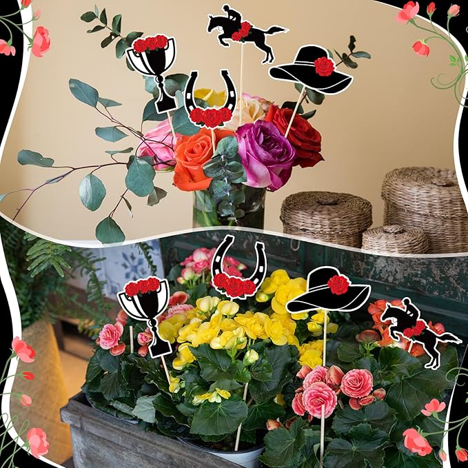 24 Pcs Double-sided Derby Party Supplies Decoration Sticks Set for Table Centerpieces Kentucky Horse Racing Theme Party Decorations for the Roses Derby Day Birthday Supplies