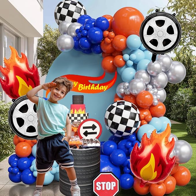 141PCS Blue Orange Race Car Balloon Arch Kit with Flame Foil Balloons, Monster Truck-Inspired Birthday Decorations, Tire Balloons, Racing Party Supplies for Boys, Balloon Garland Kit