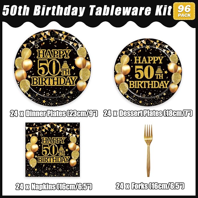 96Pcs 50th Birthday Party Tableware Set, Back in 1976 Birthday Party Decorations Supplies for Men Women Cheers to 50 Years Disposable Paper Plates Napkins Forks Favors, Serve 24