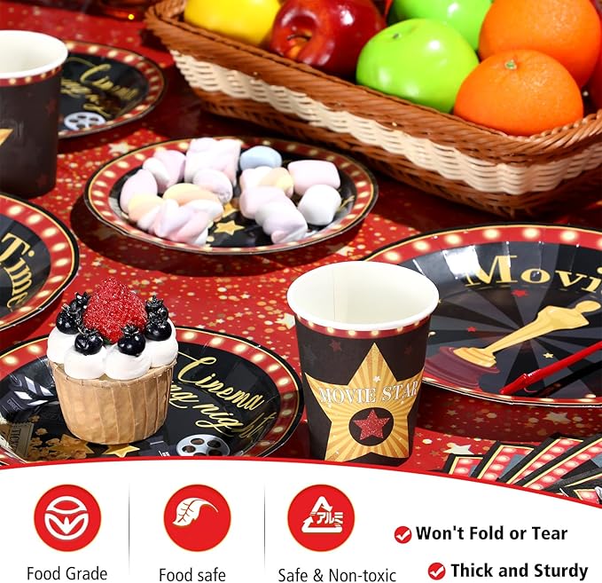 Tiamon 171 Pcs Movie Night Party Supplies Serves 24 Include Movie Theater Tablecloth Now Showing Banner TV Show Theme Plates and Napkins Tableware Set for Red Carpet Birthday Party Decorations