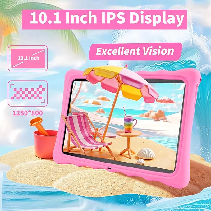Veidoo Kids Tablet - 10.1 Inch IPS Eye-Care Screen, 7GB (3+4) RAM 64GB ROM 512GB Expandable, Dual Camera, WiFi 6, Octa-Core Parental Control Tablet Comes with Silicone Protective Cover(Pink)