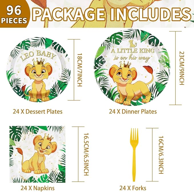 96 PCS Lion Baby Shower Supplies - 350GSM Jungle Lion Party Plates, Napkins & Tableware Sets - A Little King is on His Way - Safari Baby Shower Birthday Party Favors - Serves 24