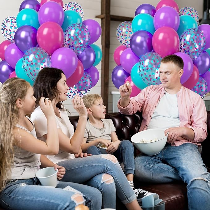 Hot Pink Blue Purple Balloons, 50PCS 12Inches Hot Pink Purple Teal Latex Balloon with Confetti Metallic Balloons for Girls Women Theme Birthday Baby Shower Wedding Party Decoration