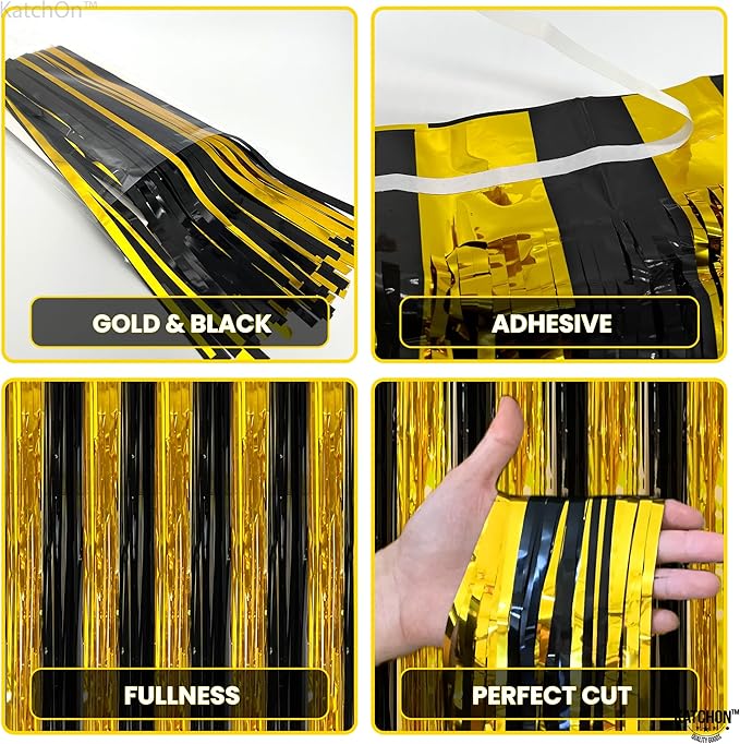 KatchOn, XtraLarge Black and Gold Streamers - 3.2x8 Feet, Pack of 2 | Fringe Curtain for New Years Decorations 2026 | New Years Streamers | Fringe Curtain for Black and Gold Party Decorations 2026