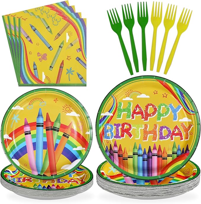 96Pcs Crayon Birthday Party Supplies Colorful Crayon Plates and Napkins Classroom Back to School Tableware Set for Kids Boys Girls First Day of School Birthday Party Decorations Serves 24