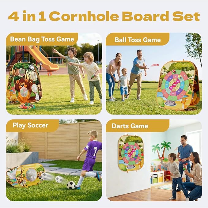 4-in-1 Animal Bean Bag Toss Game for Kids, Cornhole Board Set with Dart Board for Toddler Outdoor Toys, Family Party Game Backyard Beach Lawn Activities Gift for Boys & Girls Ages 3 4 5 6 7 8