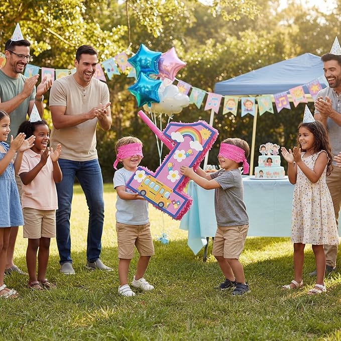 Number 1 Piñata Cartoon English Teacher 1st Birthday Piñata Party Decoration Pink Animation Themed Decor with Stick Blindfold Mask Confetti for Birthday Baby Shower Celebration Supply