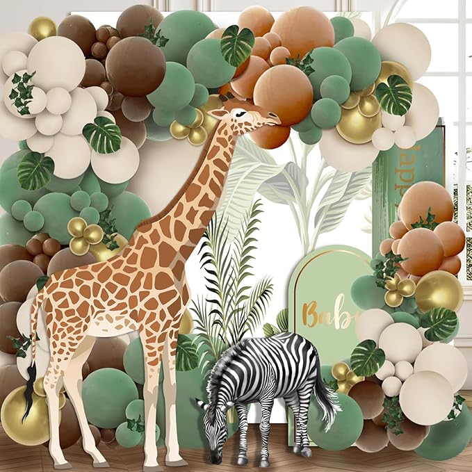PERPAOL 148pcs Woodland Safari Jungle Wild One Balloon Garland Arch Kit Sage Green and Brown Sand white Balloons with Palm Leaves for Tropical Boho Birthday Party Supplies Baby Shower Decorations