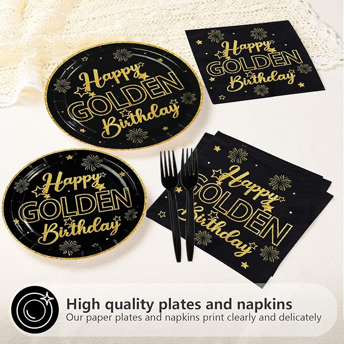 96Pcs Golden Birthday Party Decorations Happy Golden Birthday Paper Plates and Napkins Sets Black and Gold Birthday Decorations for Men Women Bday Party Supplies Serves 24