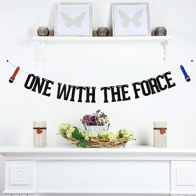 One with The Force Banner, Happy 1st Birthday Decors, Baby Boy First Birthday Party Supplies Black Red Blue Glitter