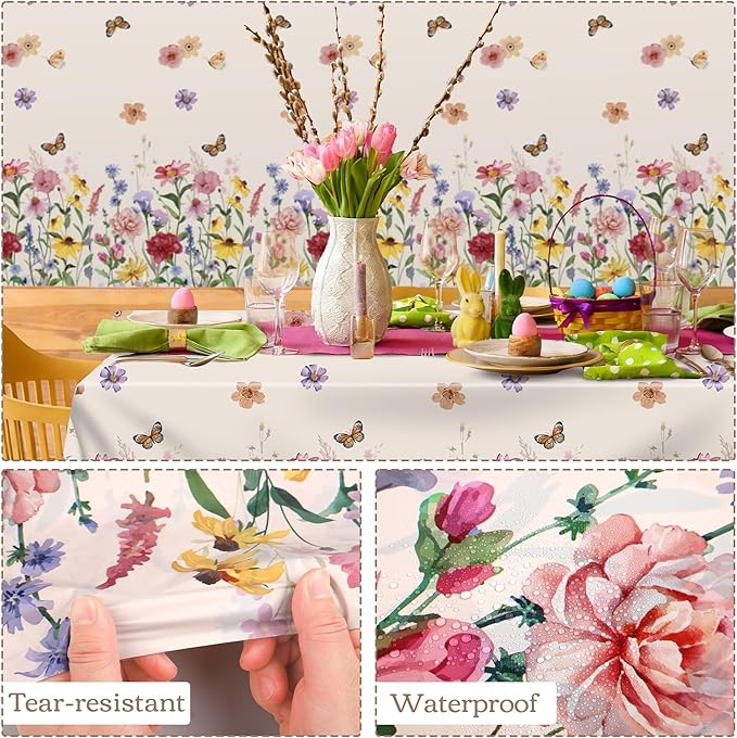 Kochorie Spring Floral Tablecloth Roll 54 Inch x 100 Feet Plastic Flower Tablecloth Roll Wildflower Butterfly Disposable Table Cover for Spring Tea Party Supplies Birthday Wedding Party Decorations