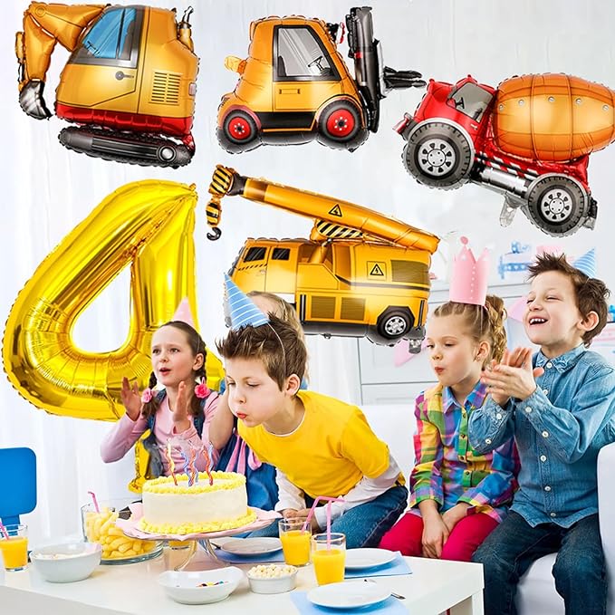 Construction Birthday Party Supplies 4 Year Old, Large Construction Balloons 40Inch Gold Number 4 Balloon Construction Truck Foil Balloons for Boys 4th Construction Birthday Party Decorations