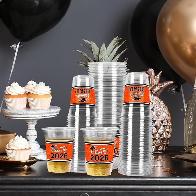 Gatherfun Class of 2026 Celebration - 100 Pcs 16oz Orange Graduation Plastic Cups for Sturdy & Durable Drinkware for Grad Festivities | Essential Graduation Party Supplies & Decorations