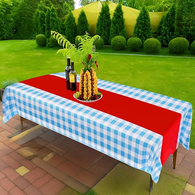 Blue and White Plaid Runner Tablecloth 54 x 108 Inch Wall Backdrop Waterproof Rectangle Disposable Cover, Princess Decorations Party Supplies for Halloween Cosplay Party(Blue, Red, 3 Pcs)