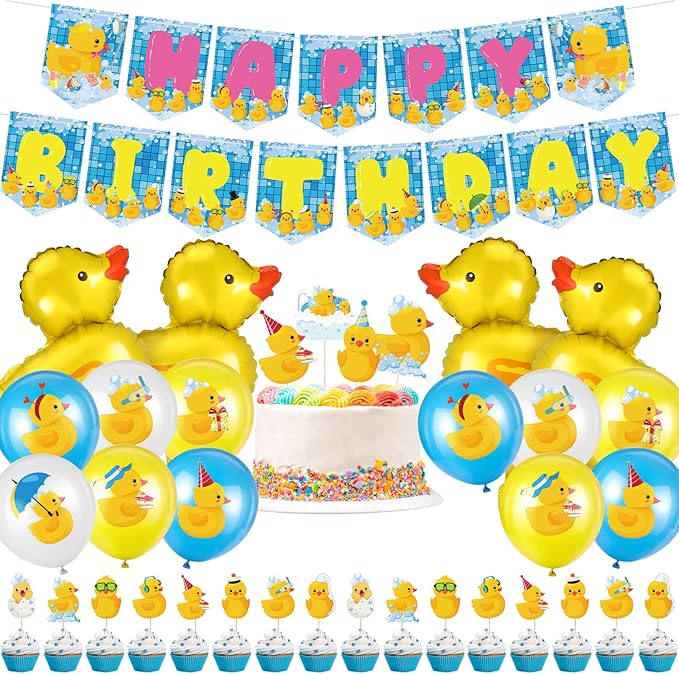 Leitee 57 Pcs Blue Duck Birthday Decorations Balloons Party Happy Birthday Banner Cake Topper Cupcake Toppers Rubber Duck Decor for Birthdays Party Supplies