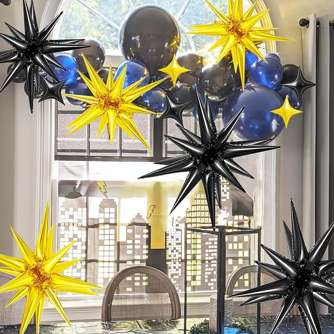 20 Pcs Star Balloons Explosion Star Foil Balloons- 12 Point Star Balloons,27”22”Spike Balloons and Four Pointed Star Balloos for Party Supplies Christmas Birthday Wedding Photo Booth (Gold Black)