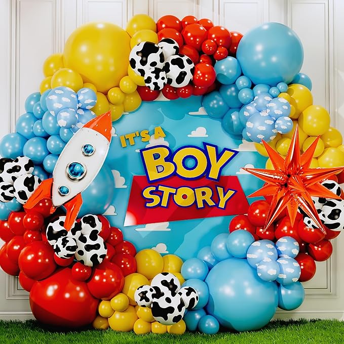 ALL-IN-1 Toy Story Balloons Arch Kit for It's A Boy Story Baby Shower Decorations – Toy Story Balloon Garland Kit with Cloud & Cow Toys Story Balloons for First Toys Story Birthday Party Supplies