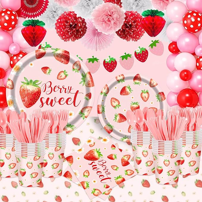 Strawberry Plates and Napkins Tableware Set - 175 Pcs Strawberry Baby Shower Party Birthday Supplies, Strawberry Shortcake Birthday Decorations for Berry Sweet Baby Shower (25 Guest)