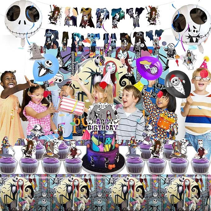 Birthday Decorations, Nightmare Christmas Party Supplies Halloween Birthday Party Decorations Set Includes Banner Balloons Tablecloth Backdrop Hanging Swirls Cake Toppers