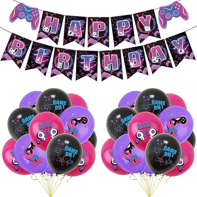 Video Game Birthday Party Decoration Set, Purple Game Birthday Party Supplies, Includes Banner Balloon Cake Decoration