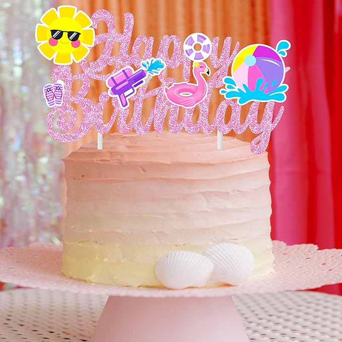 Pool Party Birthday Cake Topper Summer Pool Birthday Party Decorations Pink Glitter Summer Beach Happy Birthday Cake Topper Decorations for Boys Girls Summer Holiday Birthday Party Favor Supplies
