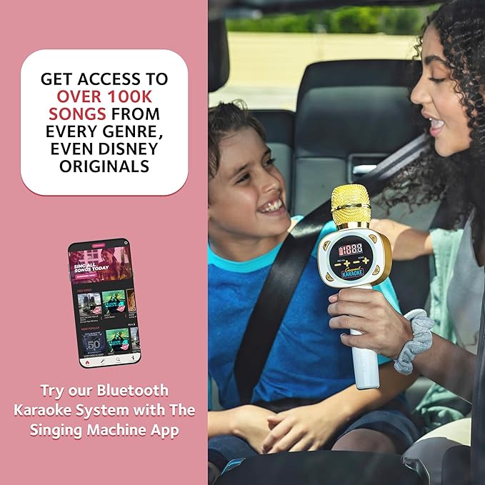 Carpool Karaoke Machine for Kids & Adults, Carpool Karaoke The Mic 1.0 by Singing Machine - Wireless & Bluetooth Karaoke Microphone with Mic Volume, Echo Controls as White Elephant Gift, Gold & White
