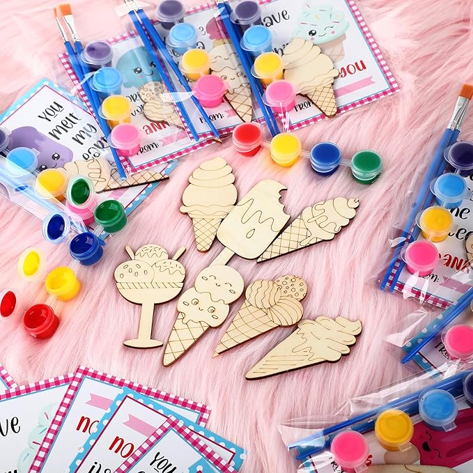 Leinuosen 28 Sets Ice Cream Party Favors Wood Painting Craft DIY Kits with Art Supplies and Inspirational Cards for Summer Birthday Party Valentines Day Prizes Exchange