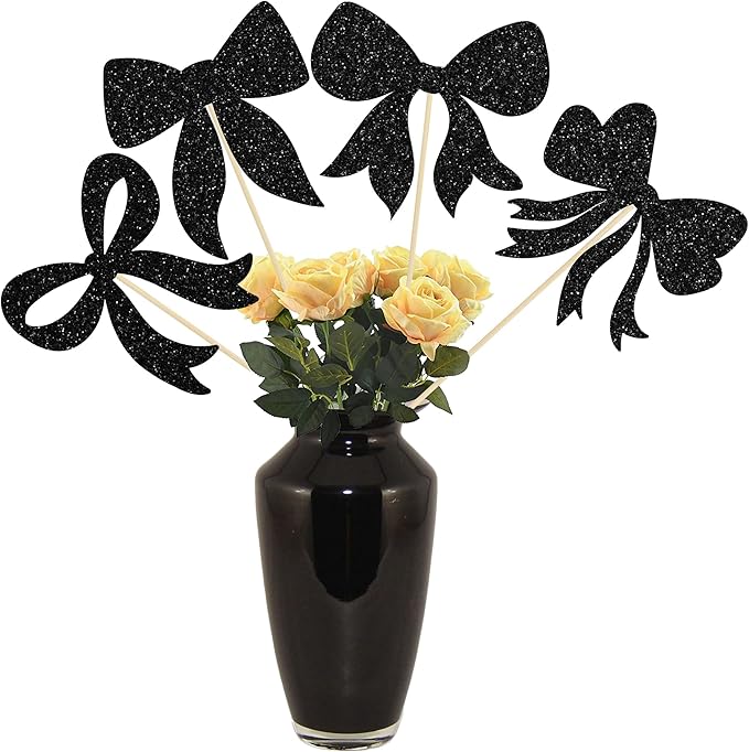 Gyufise 12Pcs Bow Centerpiece Sticks Birthday Bowknot Ribbons Coquette Table Flower Centerpieces Sticks Bow High Footed Party Decorations for Bridal Shower Birthday Wedding Party Supplies Black