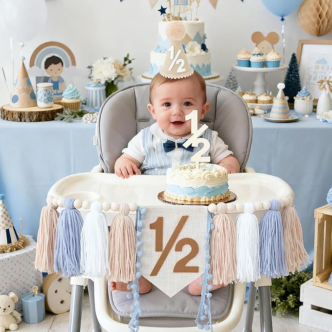 1/2 Birthday Decorations For Baby Boys 6 Months Khaki Cone Birthday Hat With Cake Topper Happy Half Year Party Photoshoot Props