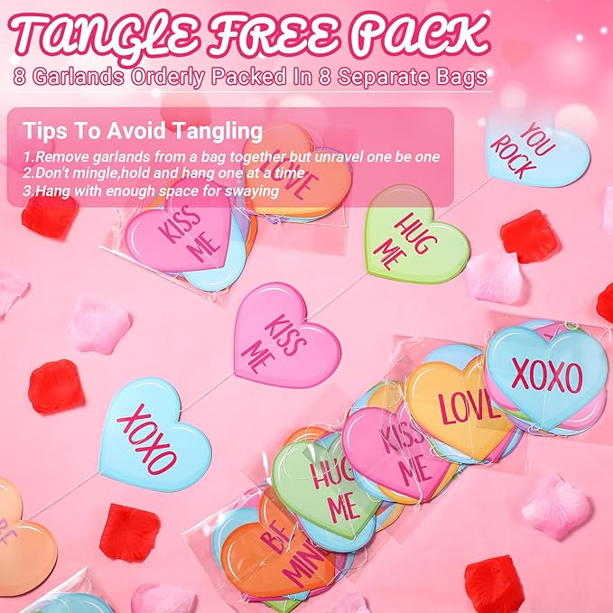 Capoda 8 Pcs Valentines Day Candy Heart Decorations Valentine Paper Heart Garland Decor Colorful Love Hanging Banners for Sweet Day Wedding Anniversary Birthday Party Supplies