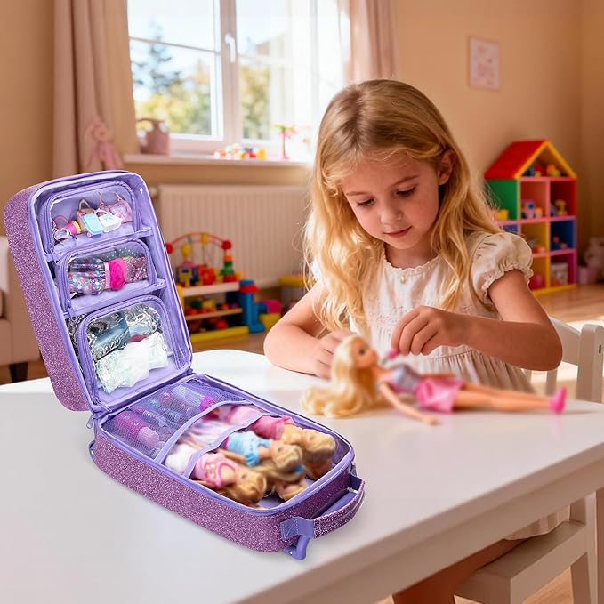 LoDrid Travel Backpack Compatible with Barbie Dolls 12-inch, Doll Carrying Case with Wheels, Suitcase Storage Organizer with Multiple Pockets for Doll Clothes and Accessories, Purple, Bag Only