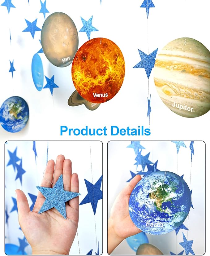 Solar System Decoration Banner, Eight Planet Garland with Blue Shimmer Star, Premium Paper Galaxy Outer Space Garland for Kids Bedroom Decor, Astronaut Birthday Party Supplies, SONGTIY
