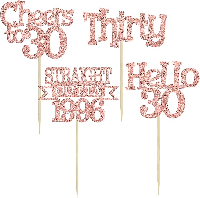 Ephlyn 24Pcs Happy 30th Birthday Cupcake Toppers Glitter ThirtyCupcake Picks Hello 30 Cheers to 30 Years Cake Decorations for 30th Birthday Anniversary Party Decorations Supplies Rose Gold