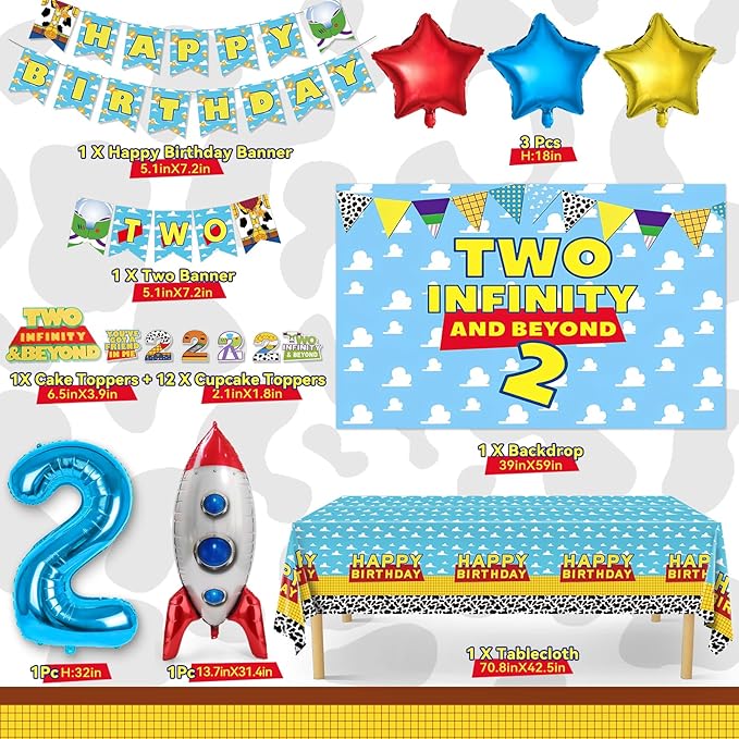 Two Infinity and Beyond Birthday Decorations - 105 Pcs Toy Inspired Story 2nd Birthday Party Supplies Include Banner, Balloons, Backdrop Film, Balloon Cake Topper, Tablecloth