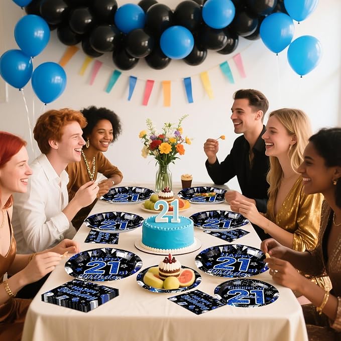 Grencian 96Pcs 21st Birthday Decorations Blue Black 21st Birthday Plates and Napkins Cheers to 21 Tableware Set for 21 Years Old Boys Girls Legal Birthday Celebration Party Supplies, Serves 24